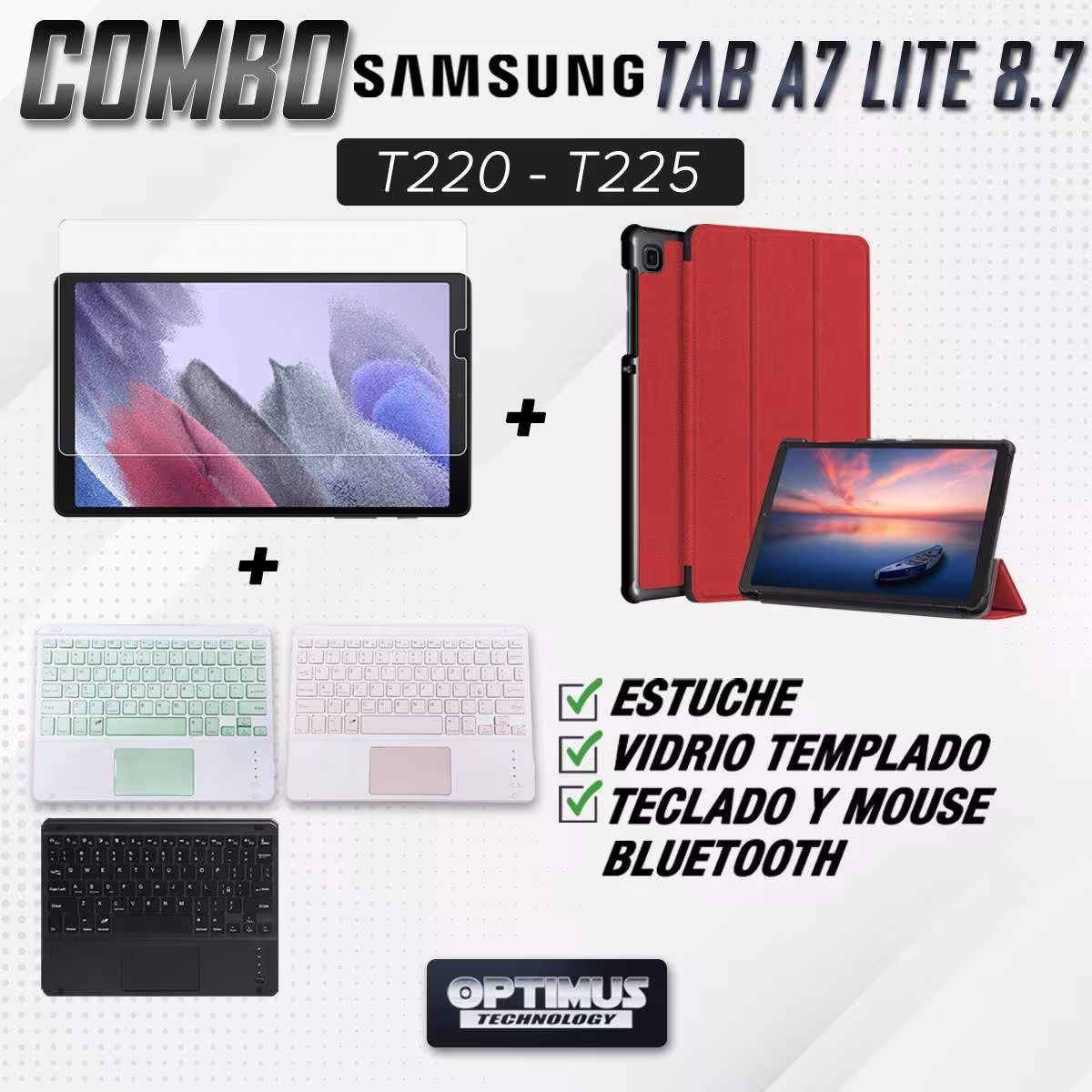 Kit Vidrio + Case Protector + Teclado Touchpad Bluetooth Tablet Samsung Galaxy Tab A7 Lite 8.7 2021 T220 - T225 OPTIMUS TECHNOLO