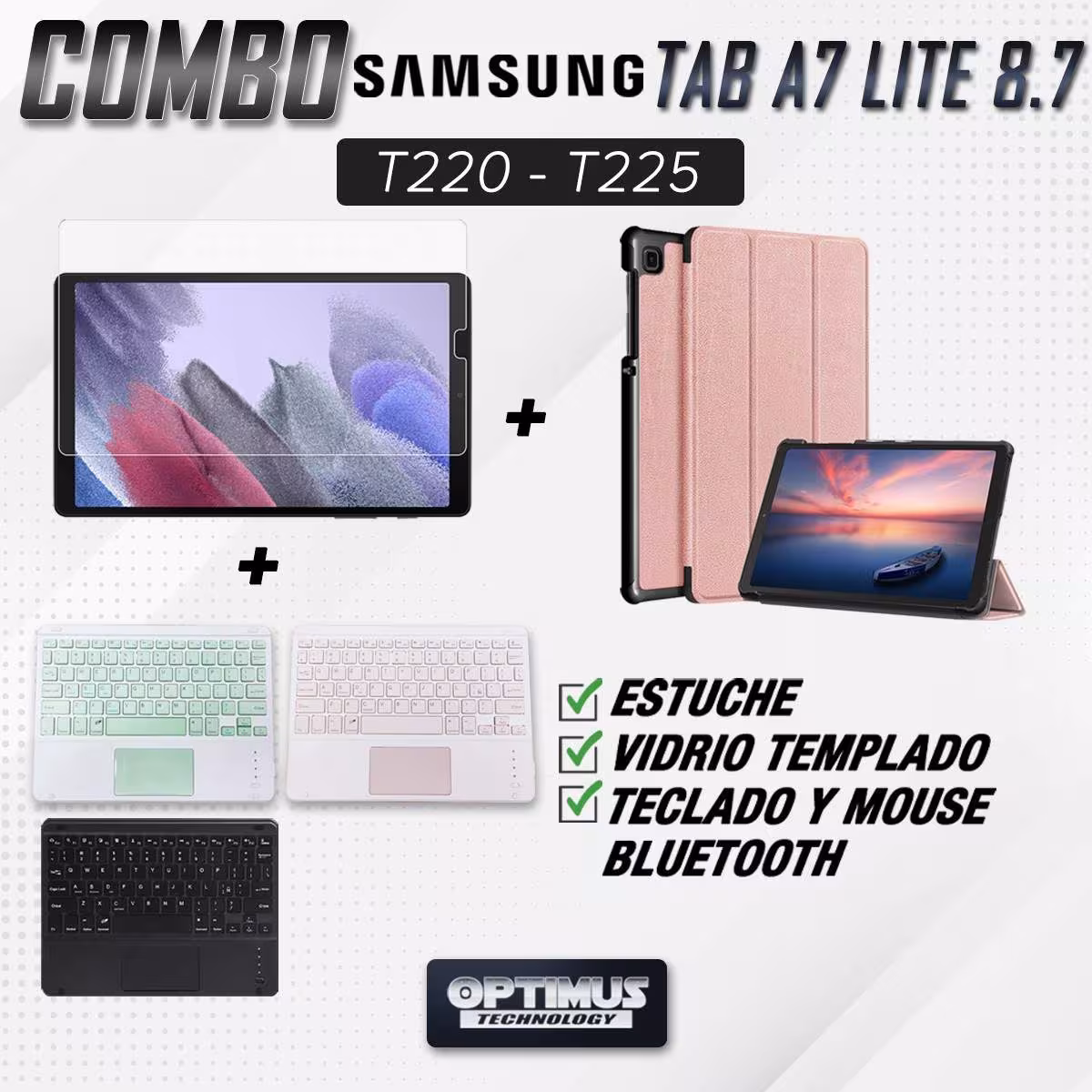 Kit Vidrio + Case Protector + Teclado Touchpad Bluetooth Tablet Samsung Galaxy Tab A7 Lite 8.7 2021 T220 - T225 OPTIMUS TECHNOLO
