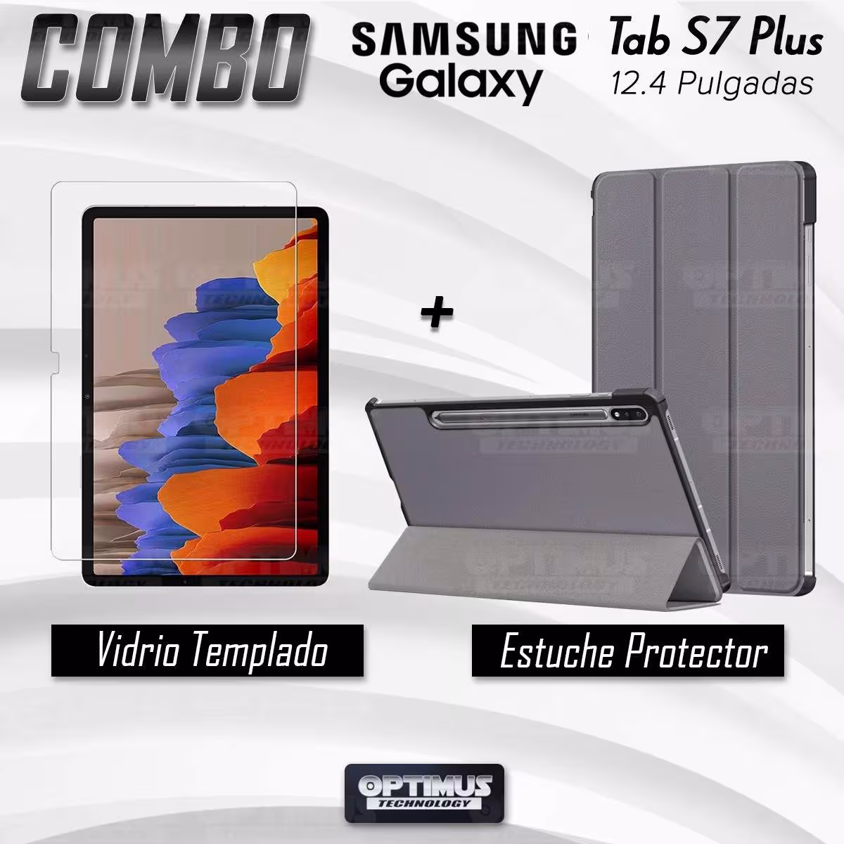 Kit Vidrio Cristal Templado Y Estuche Case Protector para Tablet Samsung Galaxy Tab S7 Plus SM-T970 12.4 Pulgadas 128GB OPTIMUS