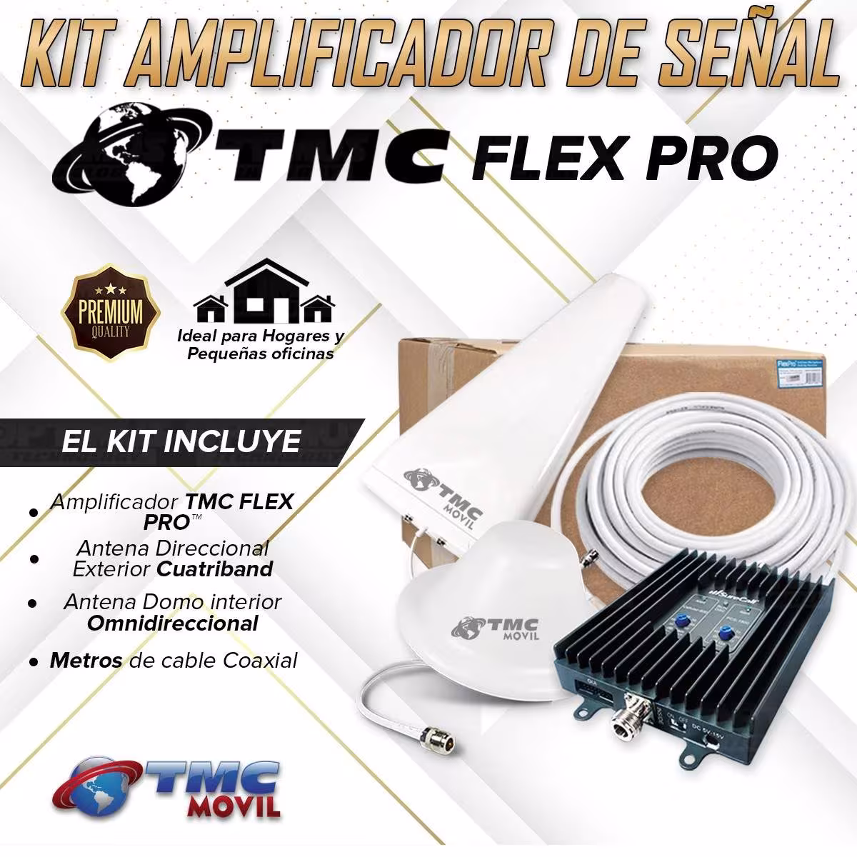 KIT Amplificador De Señal Celular TMC Flex Pro Repetidor Redes 4GLTE con antenas | TMC MOVIL | 669751 |