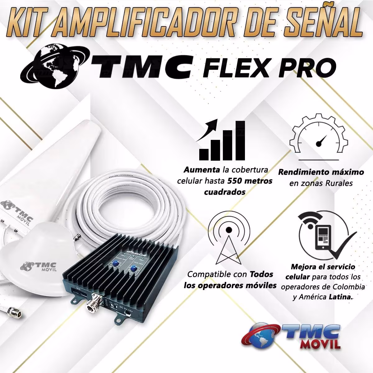 KIT Amplificador De Señal Celular TMC Flex Pro Repetidor Redes 4GLTE con antenas | TMC MOVIL | 669751 |