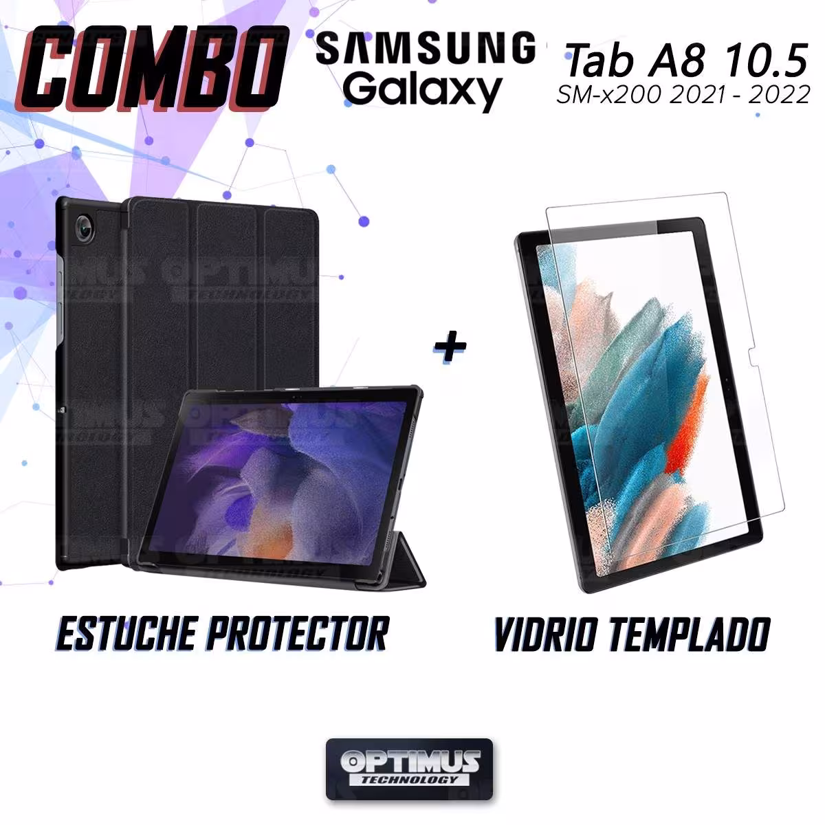 Kit Vidrio Cristal Templado Y Estuche Case Protector para Tablet Samsung Galaxy Tab A8 10.5 2021 SM-x200, SM-x205 OPTIMUS TECHNO