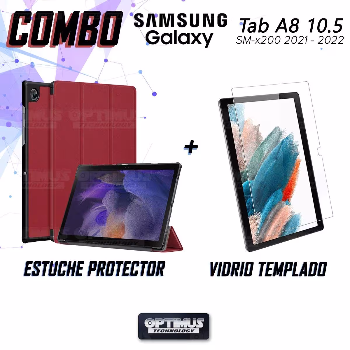 Kit Vidrio Cristal Templado Y Estuche Case Protector para Tablet Samsung Galaxy Tab A8 10.5 2021 SM-x200, SM-x205 OPTIMUS TECHNO