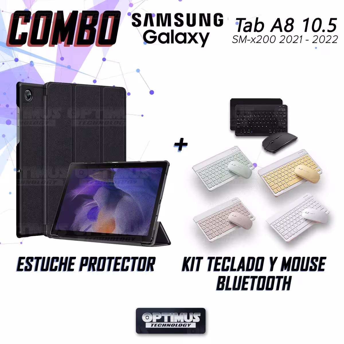 Kit Case Forro Protector + Teclado y Mouse Ratón Bluetooth para Tablet Samsung Galaxy Tab A8 10.5 2021 SM-x200, SM-x205 OPTIMUS