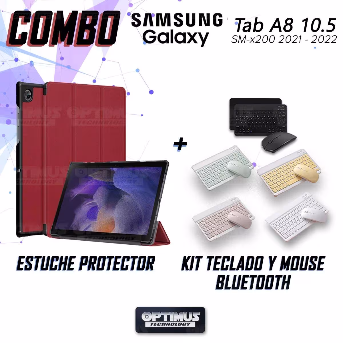 Kit Case Forro Protector + Teclado y Mouse Ratón Bluetooth para Tablet Samsung Galaxy Tab A8 10.5 2021 SM-x200, SM-x205 OPTIMUS