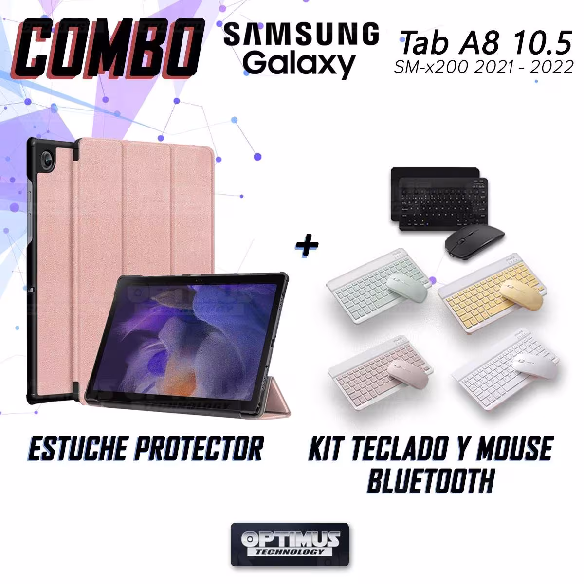 Kit Case Forro Protector + Teclado y Mouse Ratón Bluetooth para Tablet Samsung Galaxy Tab A8 10.5 2021 SM-x200, SM-x205 OPTIMUS