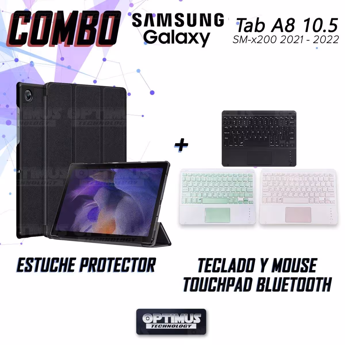 Kit Case Folio Protector + Teclado Mouse Touchpad Bluetooth para Tablet Samsung Galaxy Tab A8 10.5 2021 SM-x200, SM-x205 OPTIMUS