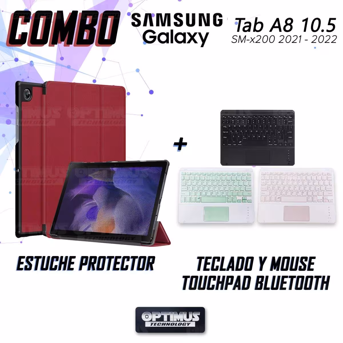 Kit Case Folio Protector + Teclado Mouse Touchpad Bluetooth para Tablet Samsung Galaxy Tab A8 10.5 2021 SM-x200, SM-x205 OPTIMUS