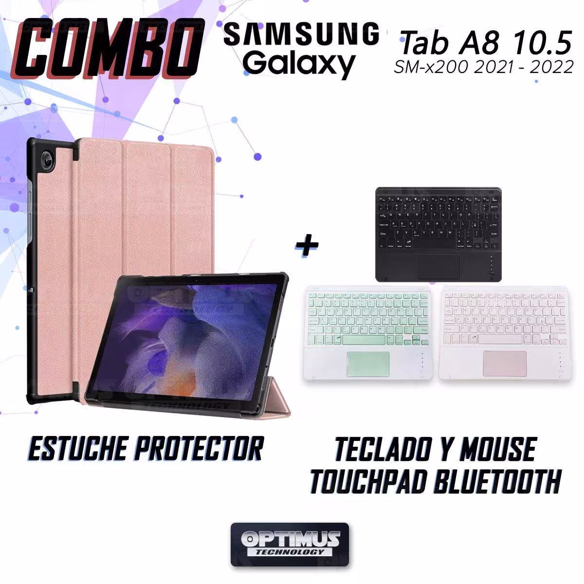 Kit Case Folio Protector + Teclado Mouse Touchpad Bluetooth para Tablet Samsung Galaxy Tab A8 10.5 2021 SM-x200, SM-x205 OPTIMUS