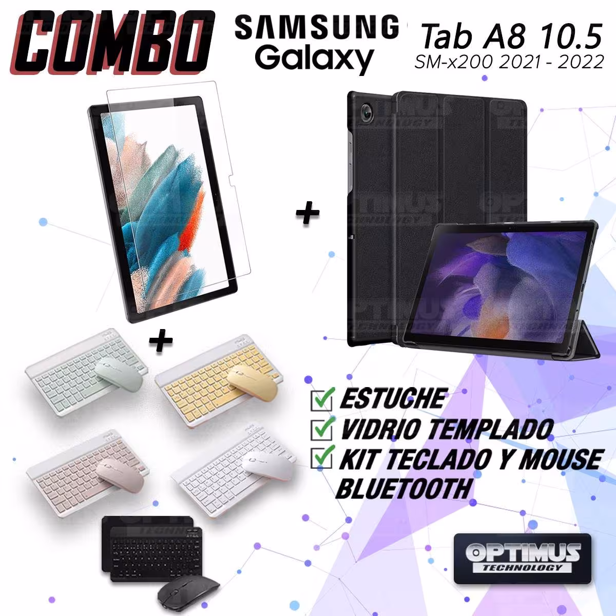 Kit Vidrio templado + Case Protector + Teclado y Mouse Bluetooth Tablet Samsung Galaxy Tab A8 10.5 2021 SM-x200, SM-x205 OPTIMUS