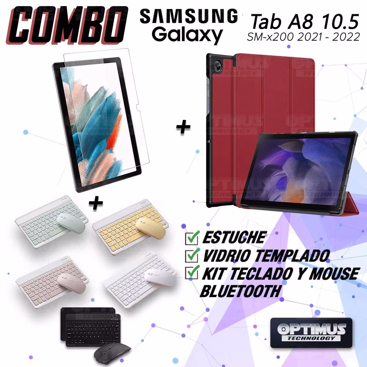 Kit Vidrio templado + Case Protector + Teclado y Mouse Bluetooth Tablet Samsung Galaxy Tab A8 10.5 2021 SM-x200, SM-x205 OPTIMUS