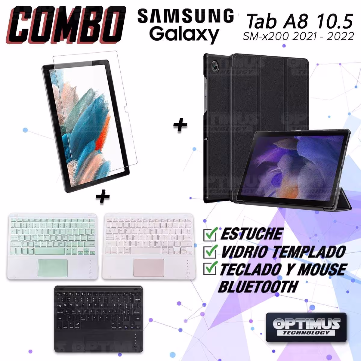 Kit Vidrio templado + Case Protector + Teclado Touchpad Bluetooth Tablet Samsung Galaxy Tab A8 10.5 2021 SM-x200, SM-x205 OPTIMU