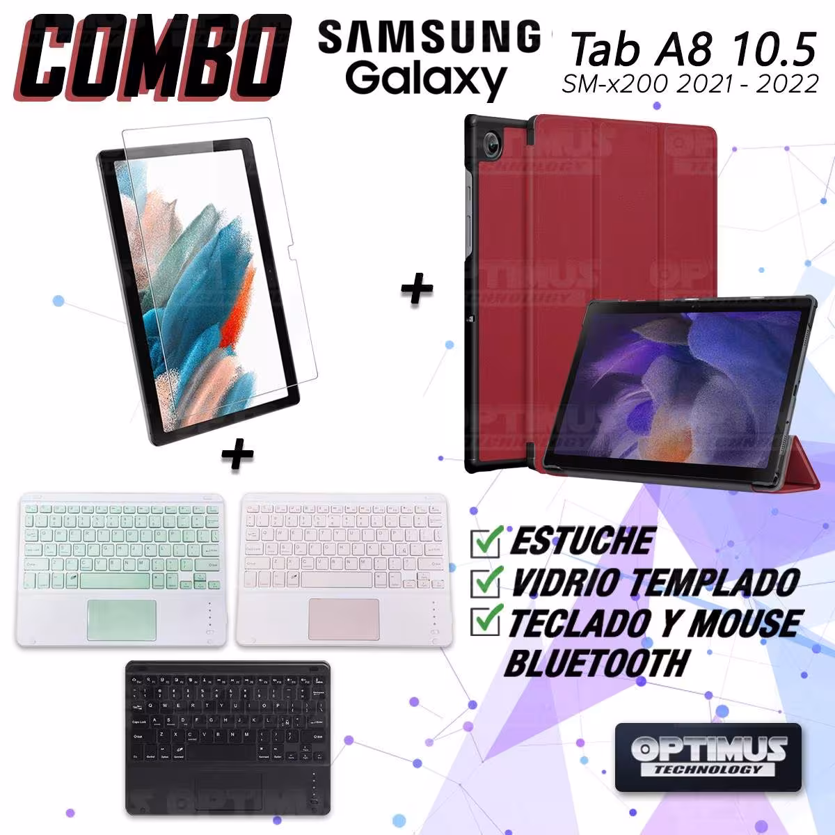 Kit Vidrio templado + Case Protector + Teclado Touchpad Bluetooth Tablet Samsung Galaxy Tab A8 10.5 2021 SM-x200, SM-x205 OPTIMU