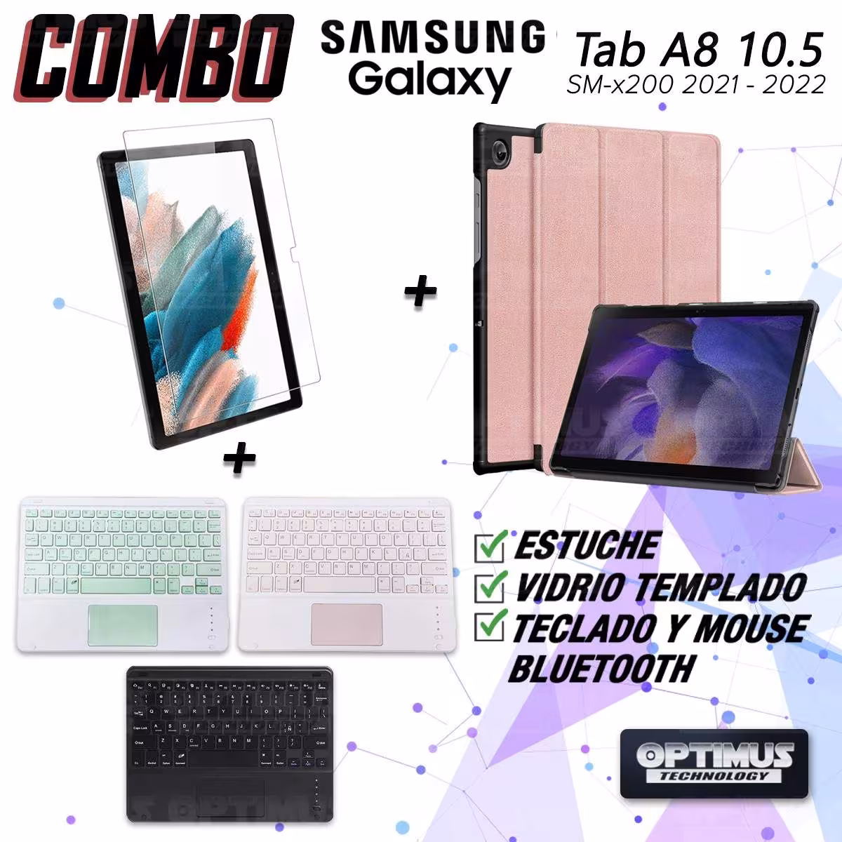 Kit Vidrio templado + Case Protector + Teclado Touchpad Bluetooth Tablet Samsung Galaxy Tab A8 10.5 2021 SM-x200, SM-x205 OPTIMU