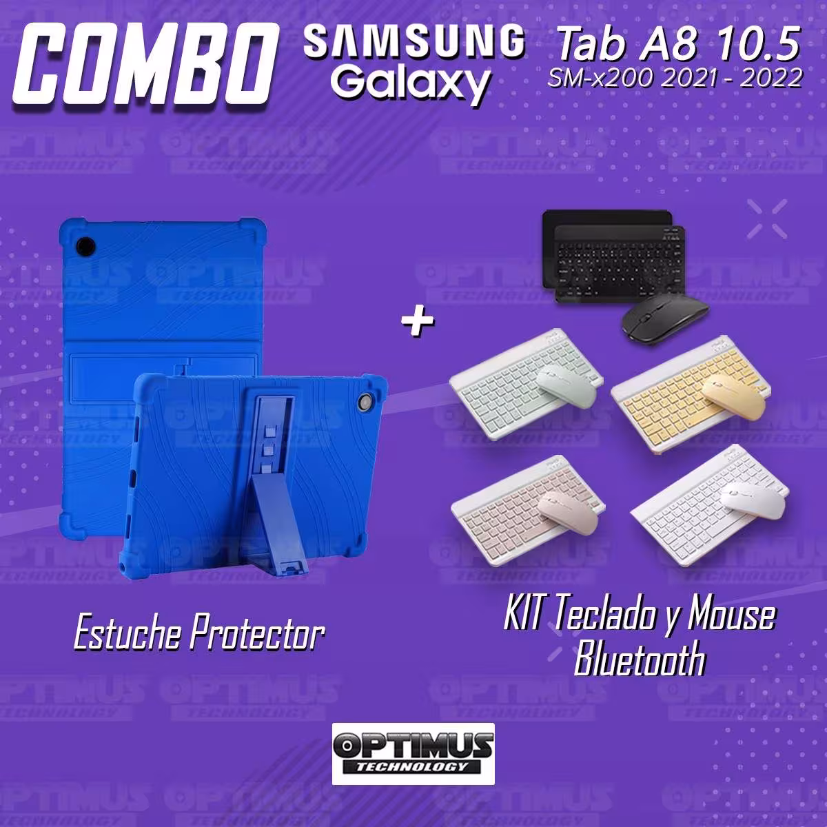 Kit Case Forro Protector Antigolpes + Teclado y Mouse Bluetooth Tablet Samsung Galaxy Tab A8 10.5 2021 SM-x200, SM-x205 OPTIMUS
