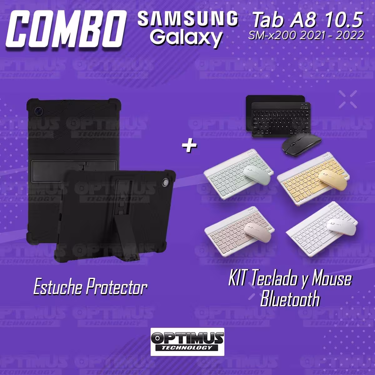 Kit Case Forro Protector Antigolpes + Teclado y Mouse Bluetooth Tablet Samsung Galaxy Tab A8 10.5 2021 SM-x200, SM-x205 OPTIMUS