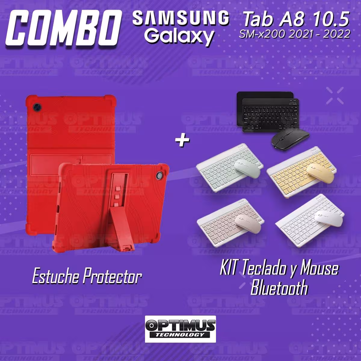 Kit Case Forro Protector Antigolpes + Teclado y Mouse Bluetooth Tablet Samsung Galaxy Tab A8 10.5 2021 SM-x200, SM-x205 OPTIMUS