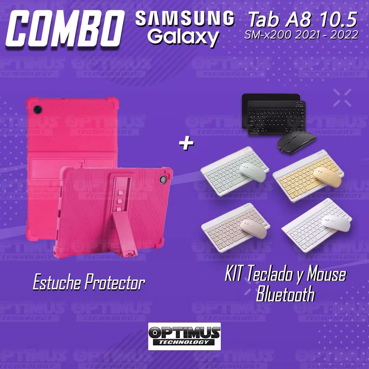 Kit Case Forro Protector Antigolpes + Teclado y Mouse Bluetooth Tablet Samsung Galaxy Tab A8 10.5 2021 SM-x200, SM-x205 OPTIMUS