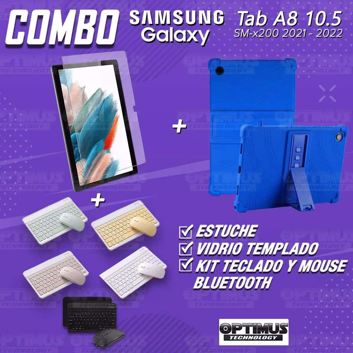 Kit Vidrio templado + Estuche Protector Goma + Teclado Bluetooth Tablet Samsung Galaxy Tab A8 10.5 2021 SM-x200, SM-x205 OPTIMUS