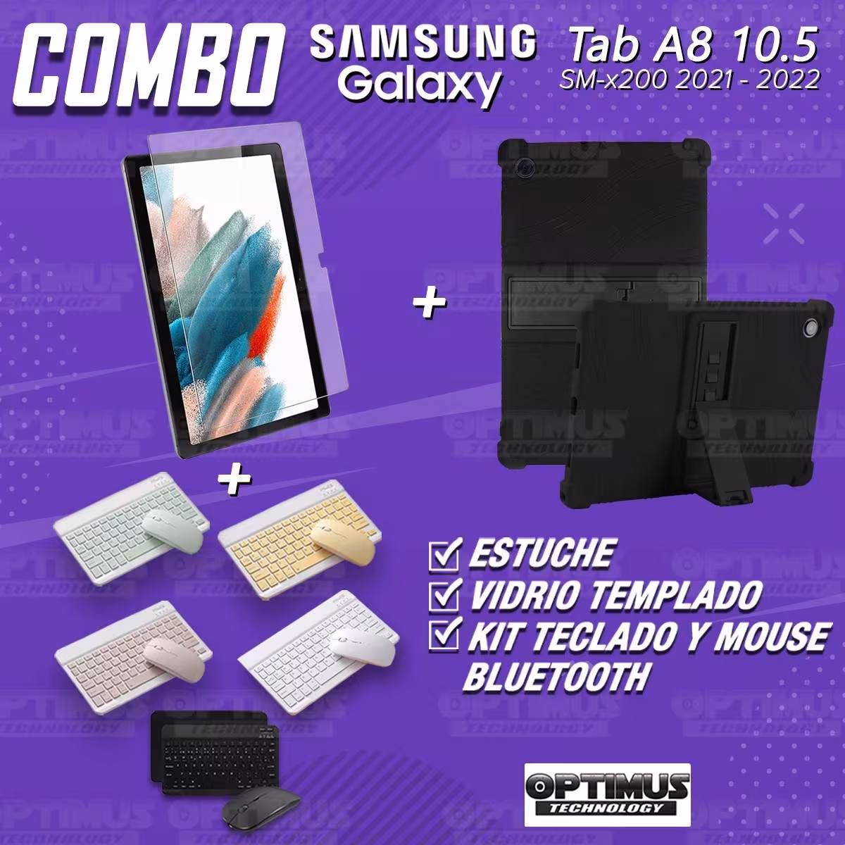 Kit Vidrio templado + Estuche Protector Goma + Teclado Bluetooth Tablet Samsung Galaxy Tab A8 10.5 2021 SM-x200, SM-x205 OPTIMUS