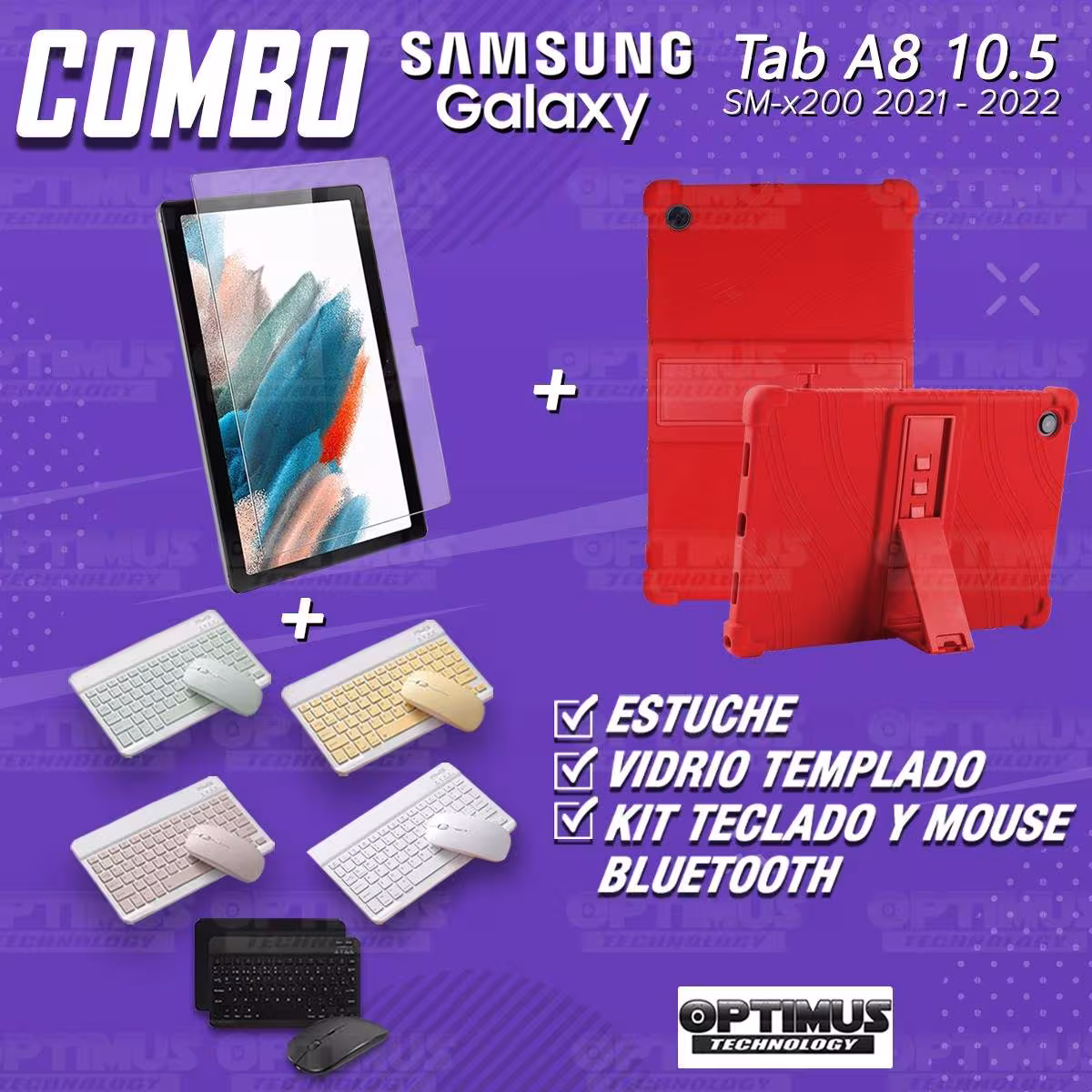 Kit Vidrio templado + Estuche Protector Goma + Teclado Bluetooth Tablet Samsung Galaxy Tab A8 10.5 2021 SM-x200, SM-x205 OPTIMUS