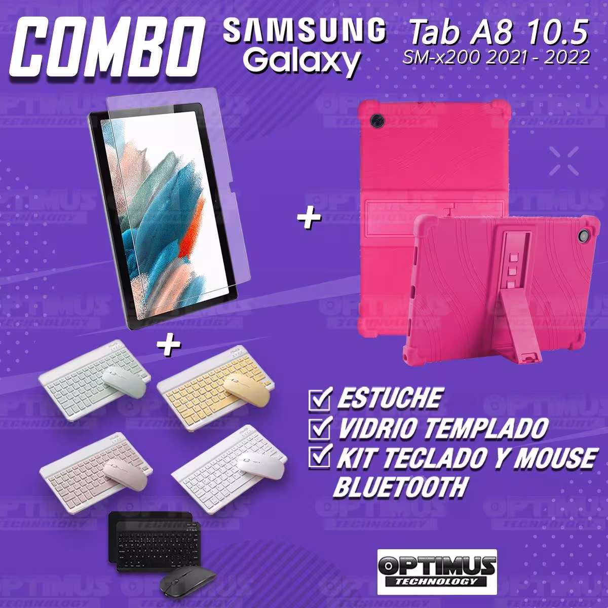 Kit Vidrio templado + Estuche Protector Goma + Teclado Bluetooth Tablet Samsung Galaxy Tab A8 10.5 2021 SM-x200, SM-x205 OPTIMUS