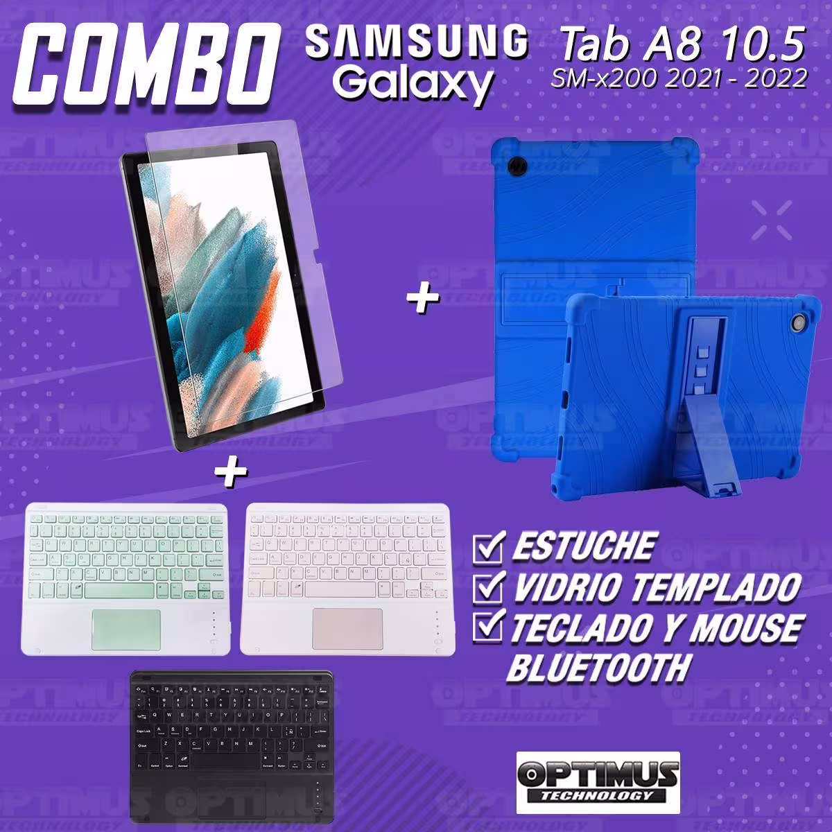 Kit Vidrio templado + Estuche Protector + Teclado Touchpad Bluetooth Tablet Samsung Galaxy Tab A8 10.5 2021 SM-x200, SM-x205 OPT