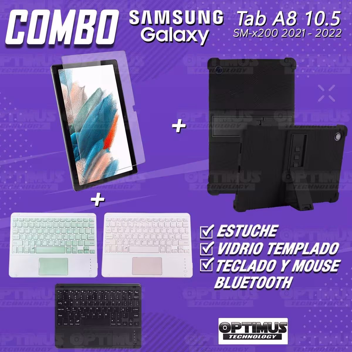 Kit Vidrio templado + Estuche Protector + Teclado Touchpad Bluetooth Tablet Samsung Galaxy Tab A8 10.5 2021 SM-x200, SM-x205 OPT