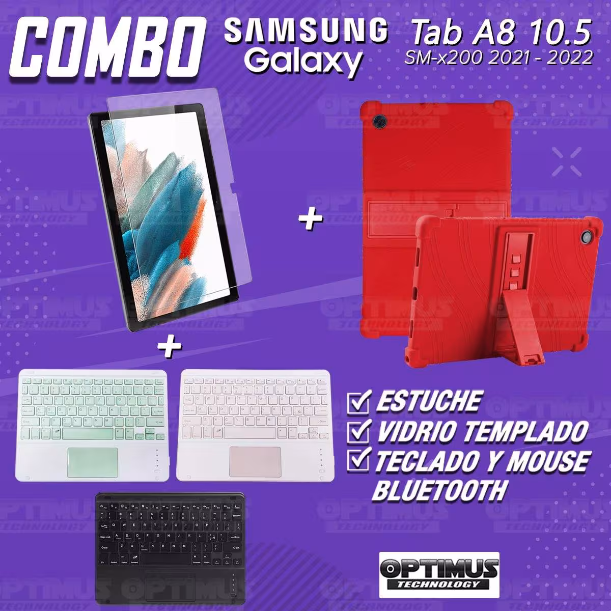 Kit Vidrio templado + Estuche Protector + Teclado Touchpad Bluetooth Tablet Samsung Galaxy Tab A8 10.5 2021 SM-x200, SM-x205 OPT