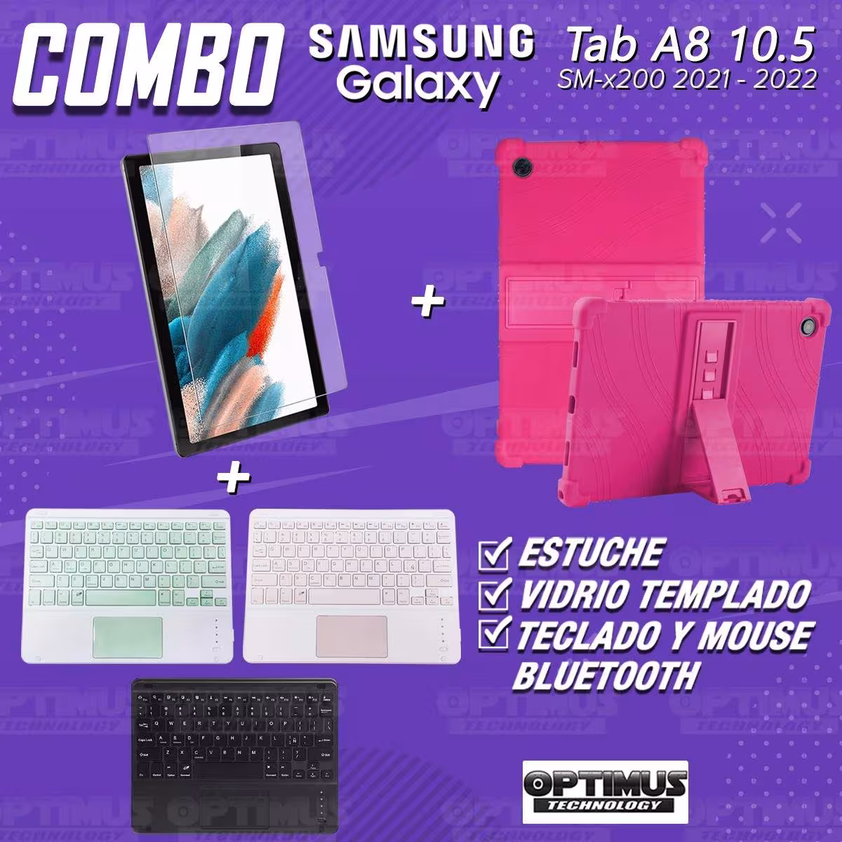 Kit Vidrio templado + Estuche Protector + Teclado Touchpad Bluetooth Tablet Samsung Galaxy Tab A8 10.5 2021 SM-x200, SM-x205 OPT