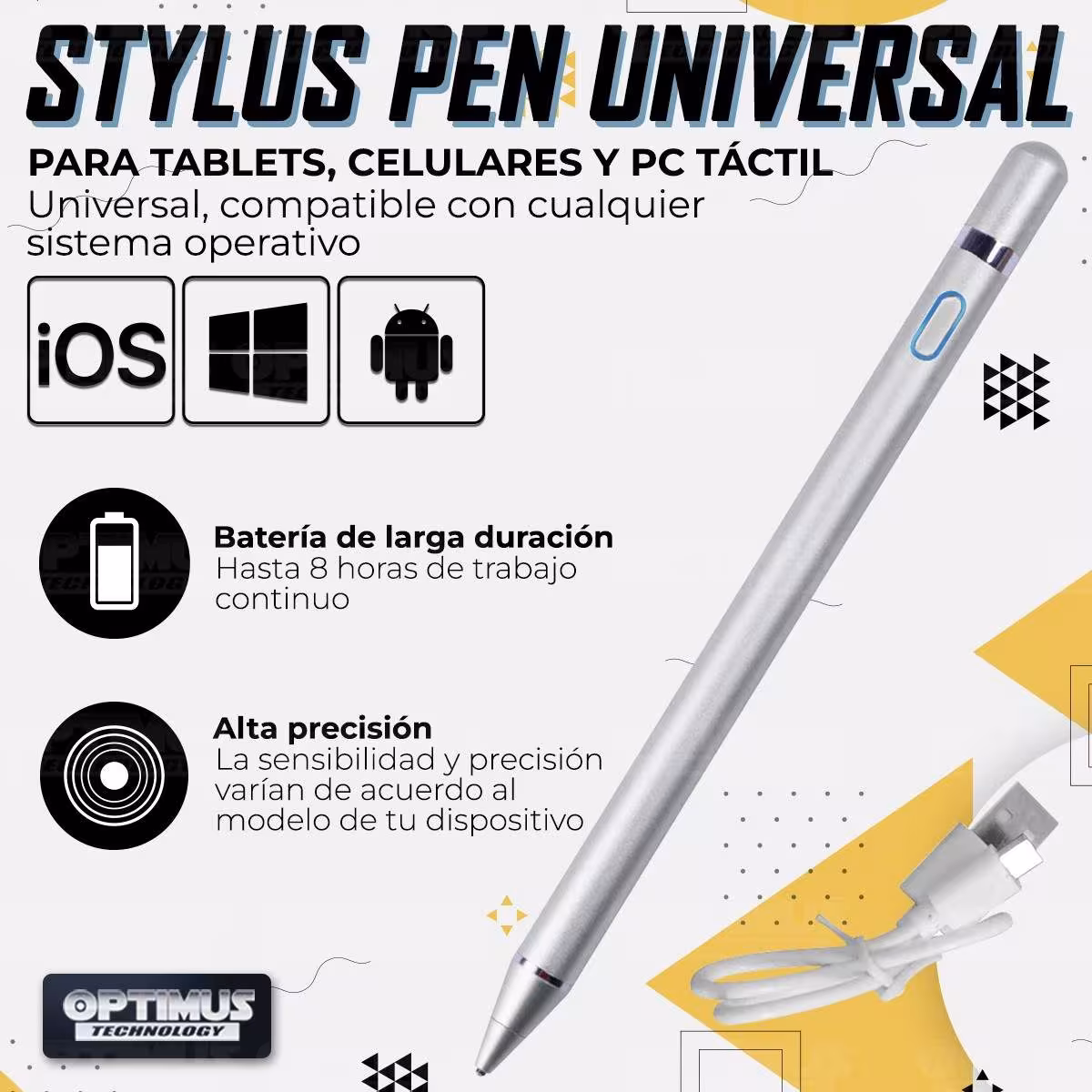 Lápiz óptico digital capacitivo activo Stylus Pen compatible con Android, iOS y Windows para Tablets, Celulares y PC Táctil OPTI