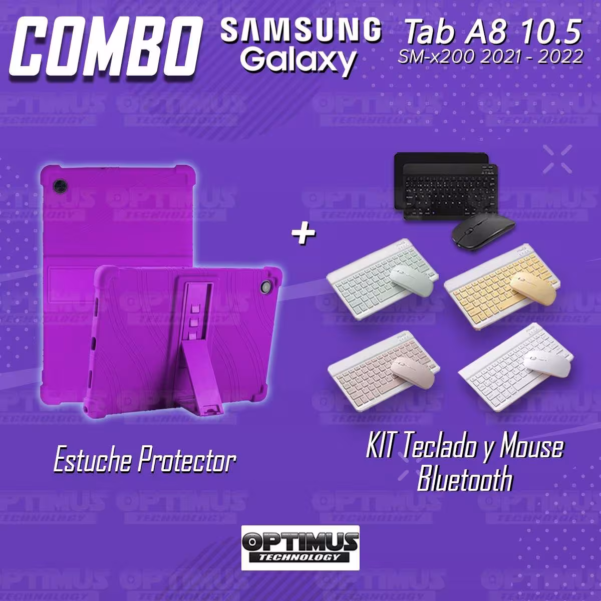 Kit Case Forro Protector Antigolpes + Teclado y Mouse Bluetooth Tablet Samsung Galaxy Tab A8 10.5 2021 SM-x200, SM-x205 OPTIMUS
