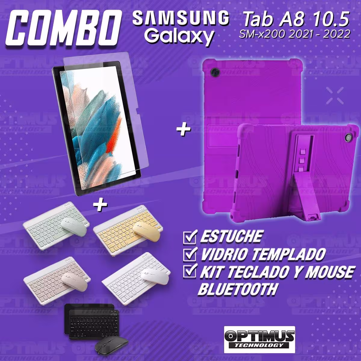 Kit Vidrio templado + Estuche Protector Goma + Teclado Bluetooth Tablet Samsung Galaxy Tab A8 10.5 2021 SM-x200, SM-x205 OPTIMUS