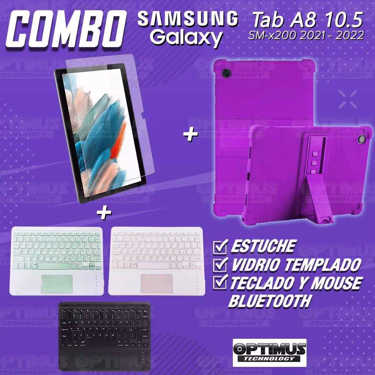 Kit Vidrio templado + Estuche Protector + Teclado Touchpad Bluetooth Tablet Samsung Galaxy Tab A8 10.5 2021 SM-x200, SM-x205 OPT