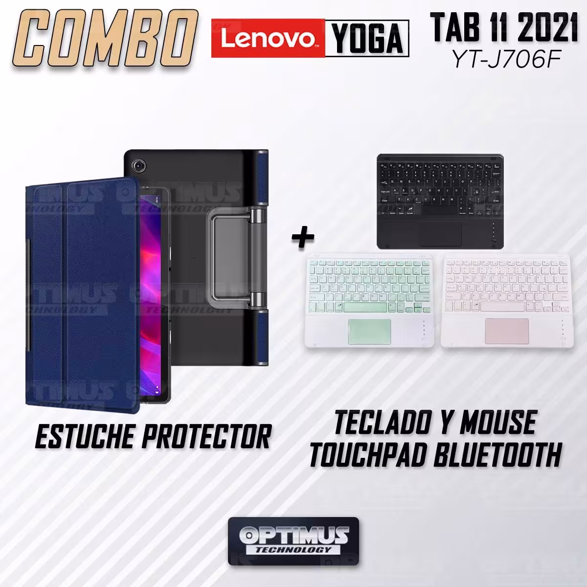 Kit Case Folio Protector + Teclado Mouse Touchpad Bluetooth para Tablet Lenovo Yoga Tab 11 2021 YT-J706F OPTIMUS TECHNOLOGY™ - 1