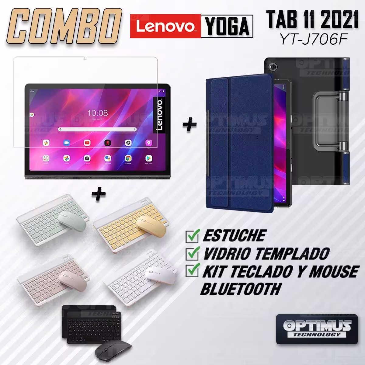 Kit Vidrio templado + Case Protector + Teclado y Mouse Bluetooth Tablet Lenovo Yoga Tab 11 2021 YT-J706F OPTIMUS TECHNOLOGY™ - 1