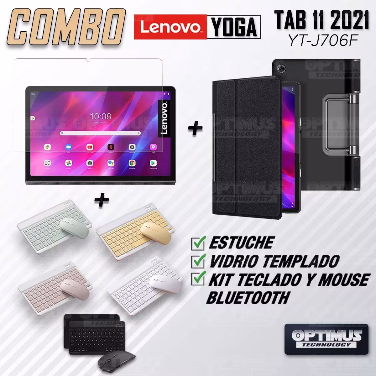 Kit Vidrio templado + Case Protector + Teclado y Mouse Bluetooth Tablet Lenovo Yoga Tab 11 2021 YT-J706F OPTIMUS TECHNOLOGY™ - 2