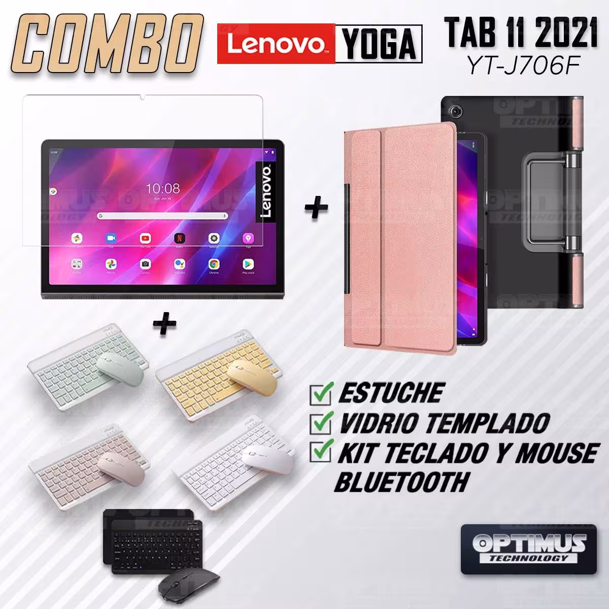 Kit Vidrio templado + Case Protector + Teclado y Mouse Bluetooth Tablet Lenovo Yoga Tab 11 2021 YT-J706F OPTIMUS TECHNOLOGY™ - 2