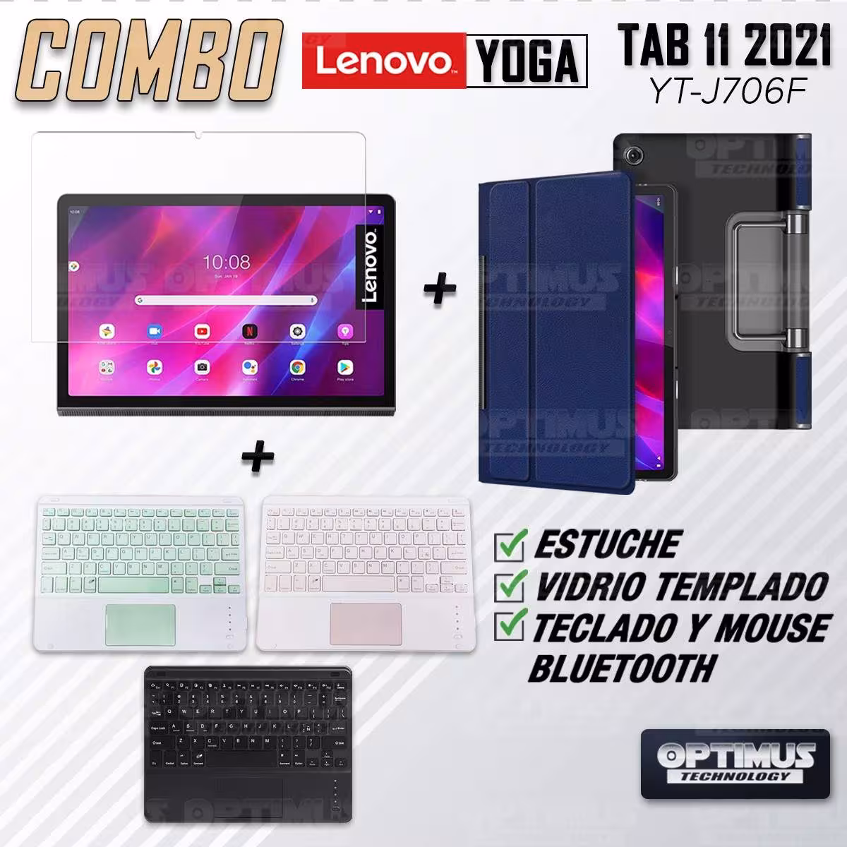 Kit Vidrio templado + Case Protector + Teclado Touchpad Bluetooth Tablet Lenovo Yoga Tab 11 2021 YT-J706F OPTIMUS TECHNOLOGY™ -