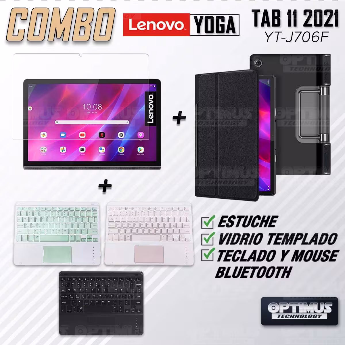 Kit Vidrio templado + Case Protector + Teclado Touchpad Bluetooth Tablet Lenovo Yoga Tab 11 2021 YT-J706F OPTIMUS TECHNOLOGY™ -