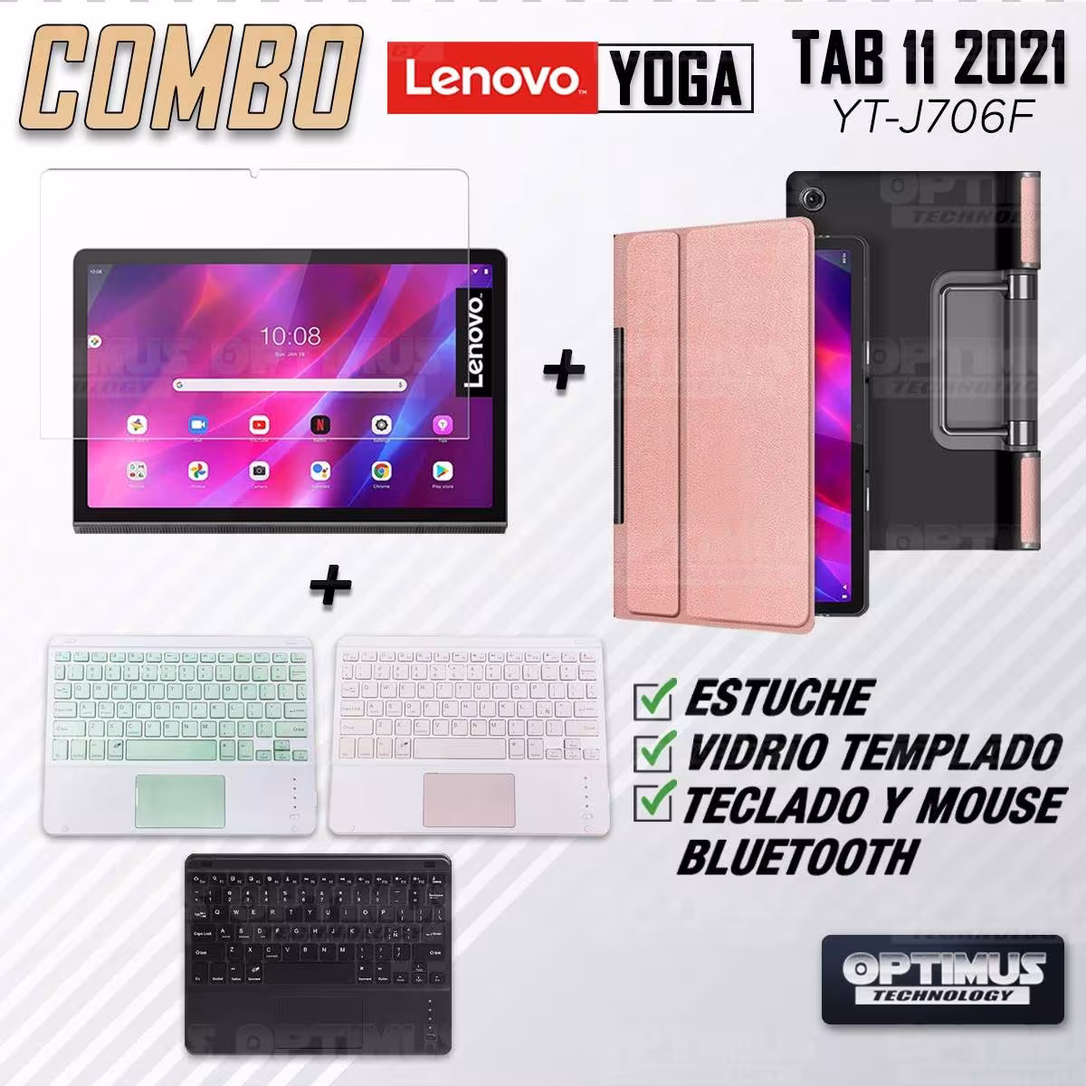 Kit Vidrio templado + Case Protector + Teclado Touchpad Bluetooth Tablet Lenovo Yoga Tab 11 2021 YT-J706F OPTIMUS TECHNOLOGY™ -
