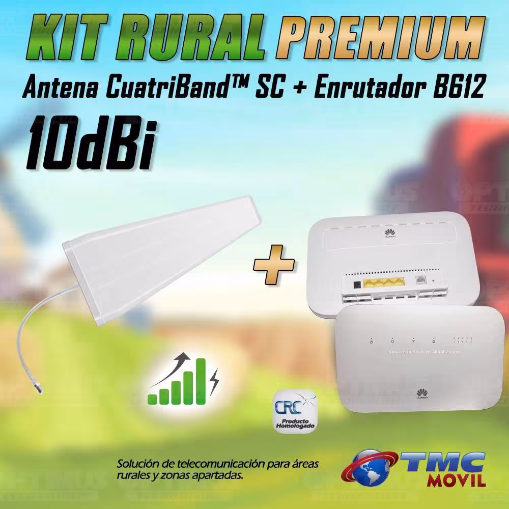 KIT Rural Empresarial Antena Amplificadora De Señal Cuatriband 10dbi TMC PLUS + Enrutador Huawei B612 + 15 Metros de Cable RG-6
