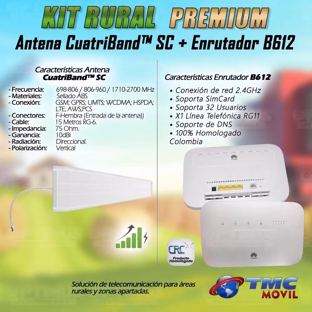 KIT Rural Empresarial Antena Amplificadora De Señal Cuatriband 10dbi TMC PLUS + Enrutador Huawei B612 + 15 Metros de Cable RG-6