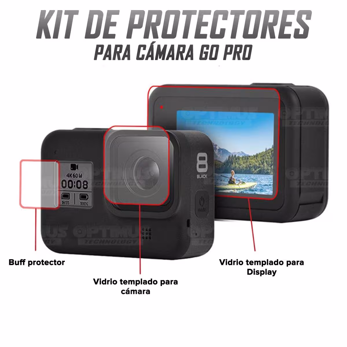 Kit de protectores Vidrio Templado Lente y Display + Buff Screen Display frontal para cámara Go Pro Hero 8 OPTIMUS TECHNOLOGY™ -