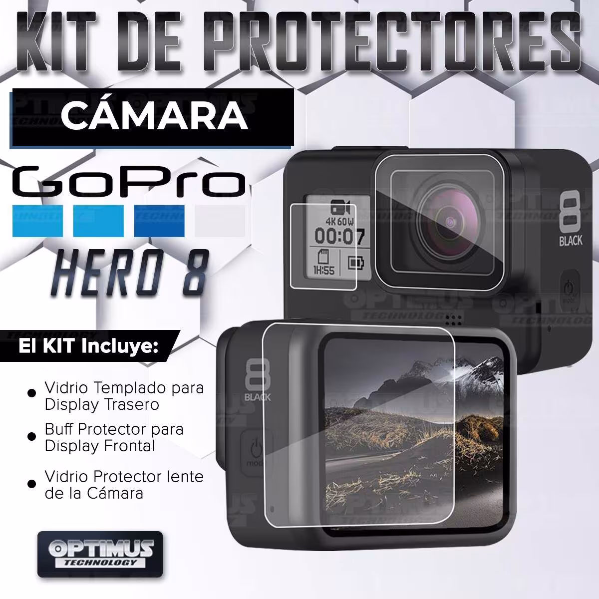 Kit de protectores Vidrio Templado Lente y Display + Buff Screen Display frontal para cámara Go Pro Hero 8 OPTIMUS TECHNOLOGY™ -
