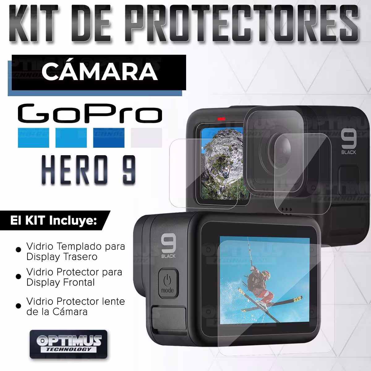 Kit de Tres protectores Vidrio Templado Lente, Display Trasero y Display frontal para cámara Go Pro Hero 9 OPTIMUS TECHNOLOGY™ -