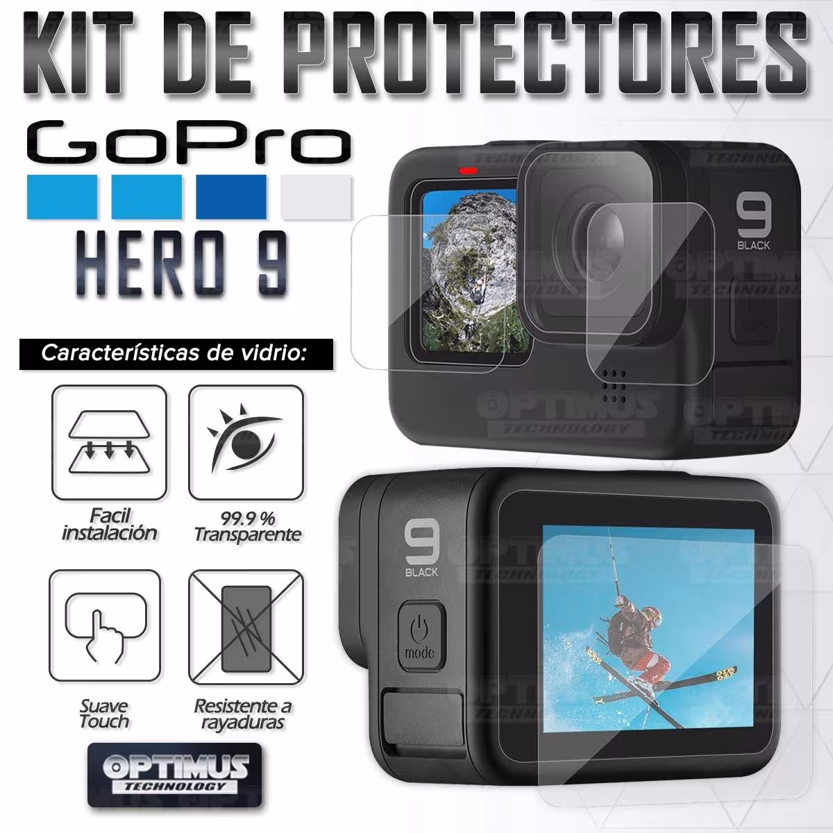 Kit de Tres protectores Vidrio Templado Lente, Display Trasero y Display frontal para cámara Go Pro Hero 9 OPTIMUS TECHNOLOGY™ -