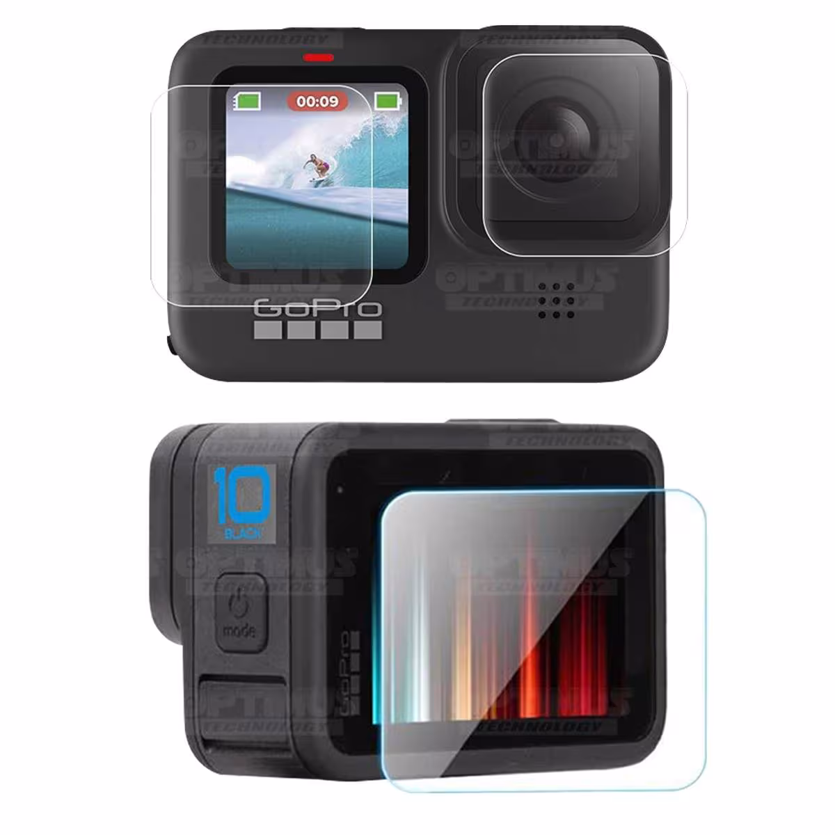 Kit de Tres protectores Vidrio Templado Lente, Display Trasero y Display frontal para cámara Go Pro Hero 10 OPTIMUS TECHNOLOGY™