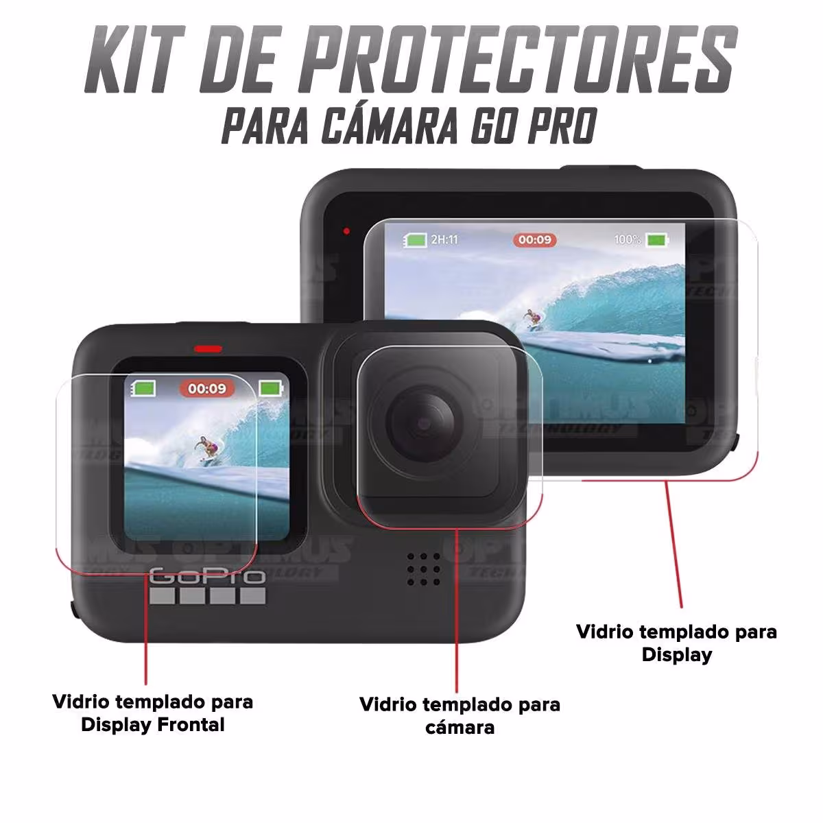 Kit de Tres protectores Vidrio Templado Lente, Display Trasero y Display frontal para cámara Go Pro Hero 10 OPTIMUS TECHNOLOGY™