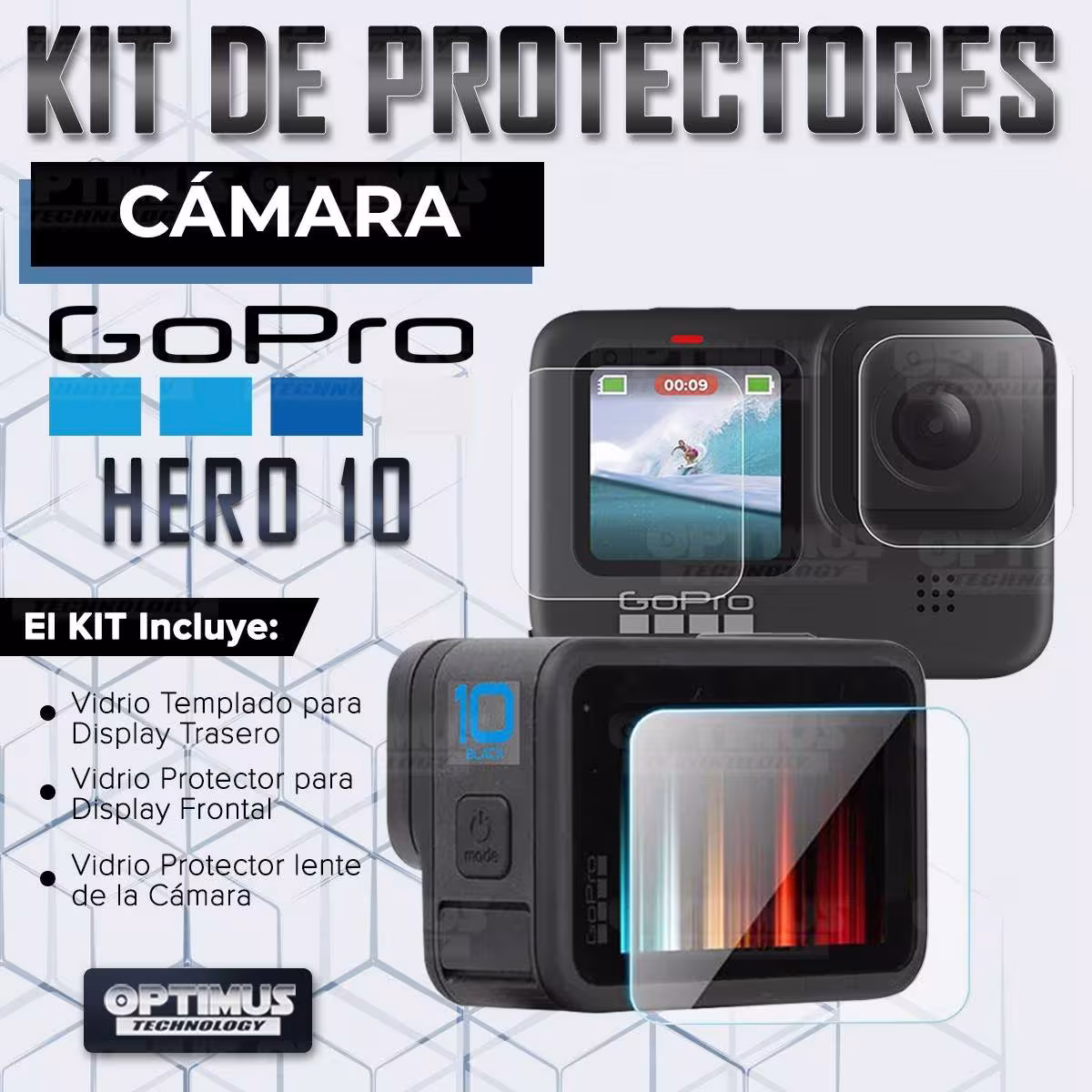 Kit de Tres protectores Vidrio Templado Lente, Display Trasero y Display frontal para cámara Go Pro Hero 10 OPTIMUS TECHNOLOGY™